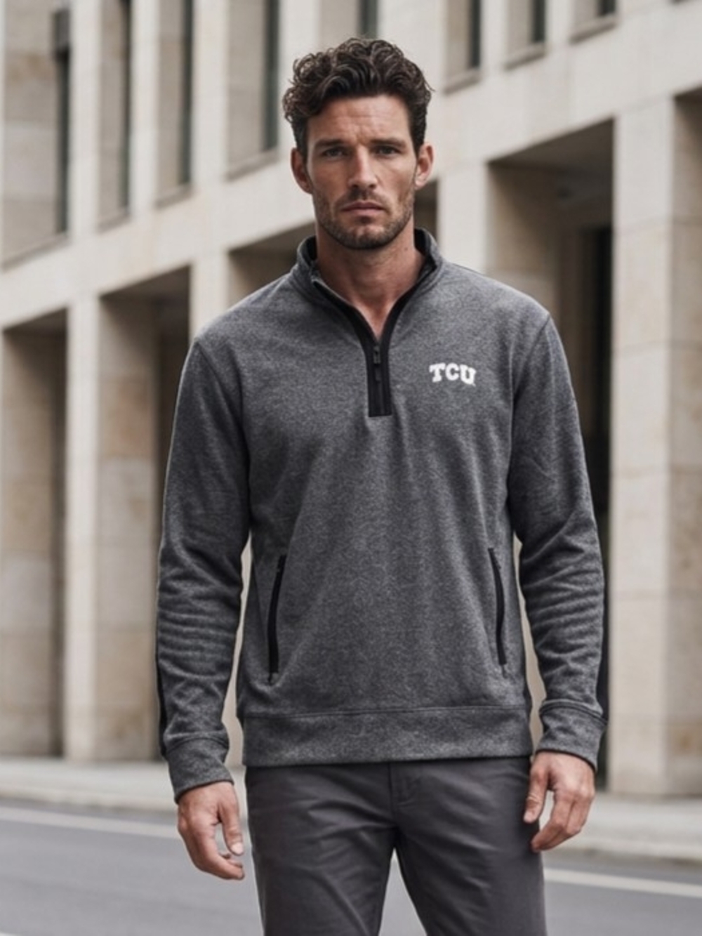 Camp David Heathered Grey Half-Zip Pullover w/TCU Horned Frogs Logo L